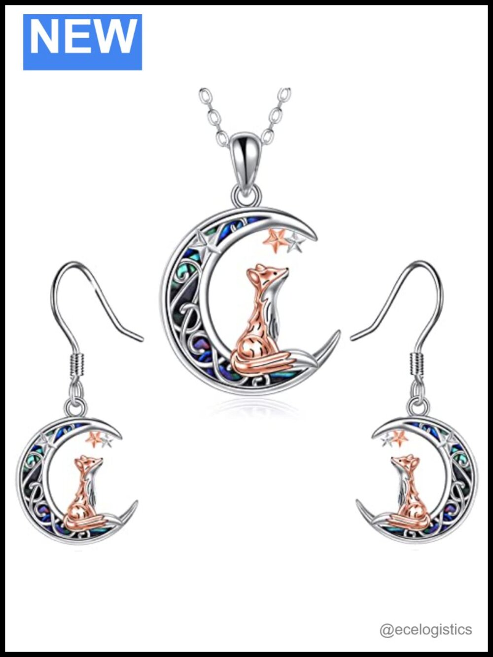 Fox Necklace Earrings 925 Sterling Silver Abalone Shell Fox Moon Pendant